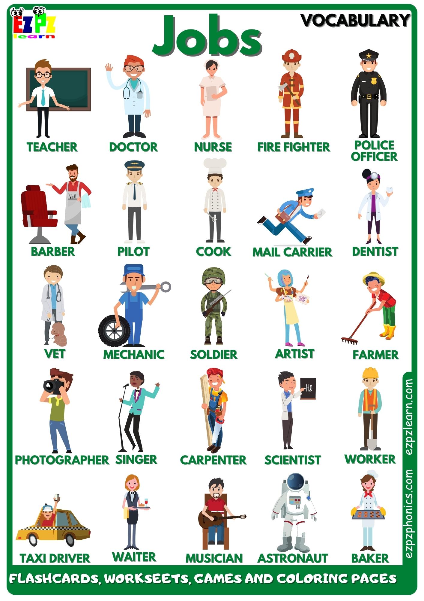 Jobs and Occupations Vocabulary Free English Vocabulary Flashcards, Worksheets, Coloring Pages, Games and More for English Language Learners